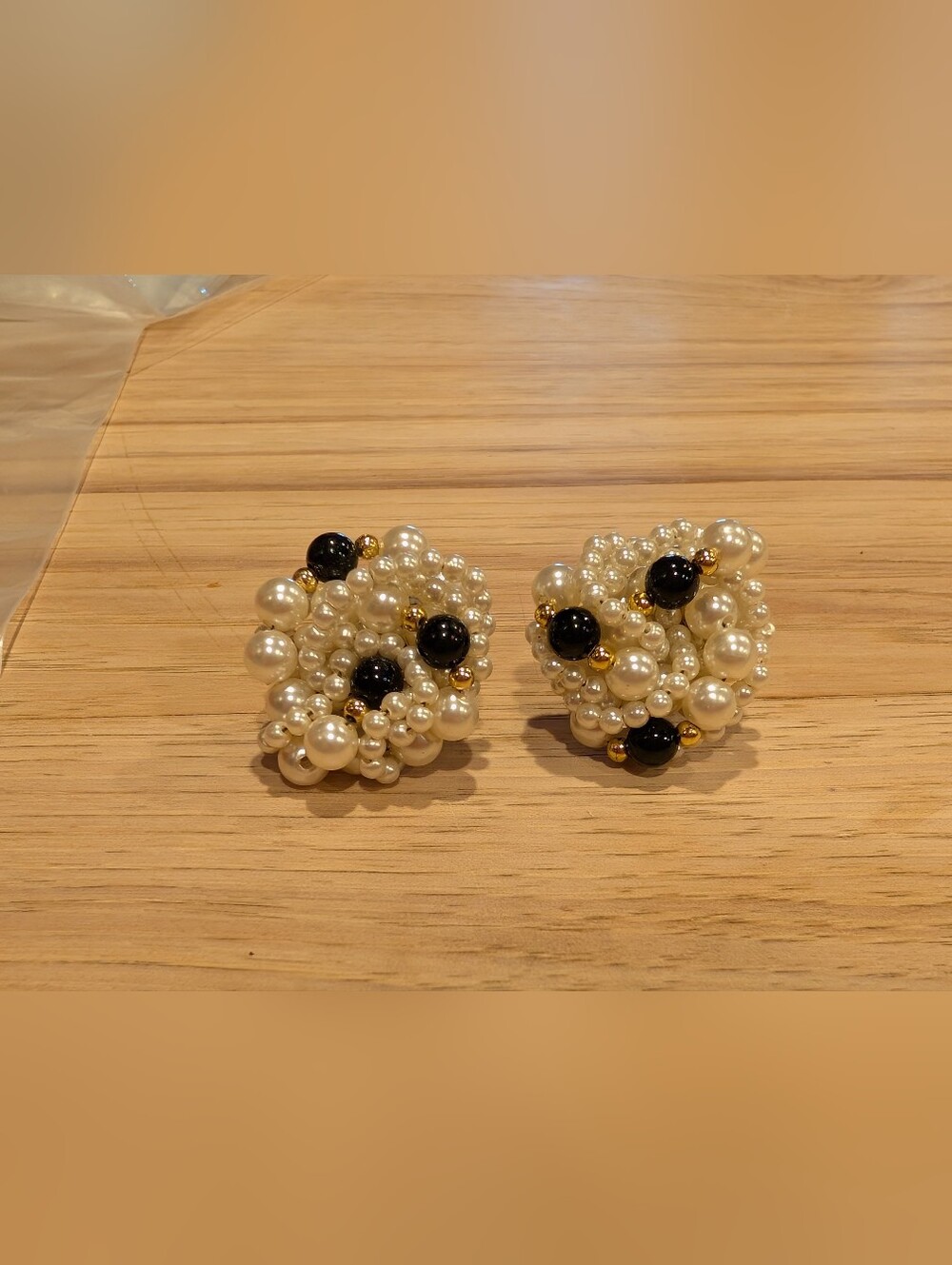 Source Unknown Pearl Cluster Earrings with Black and Gold Beads